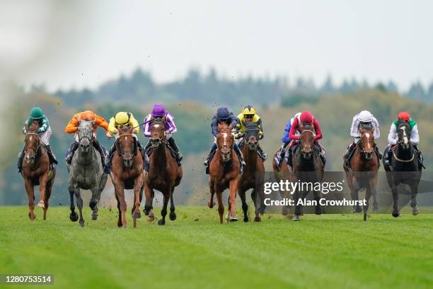 Tom Marquand riding Addeybb win The Qipco Champion Stakes during the Qipco British Champions Day at Ascot Racecourse on October 17, 2020 in Ascot,...