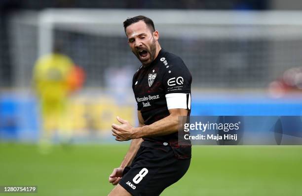 Gonzalo Castro of VfB Stuttgart celebrates after scoring his sides second goal during the Bundesliga match between Hertha BSC and VfB Stuttgart at...