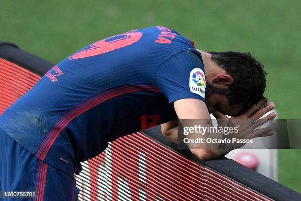 Diego Costa of Atletico de Madrid reacts with an injury during the La Liga Santander match between RC Celta and Atletico de Madrid at Abanca-Balaídos...