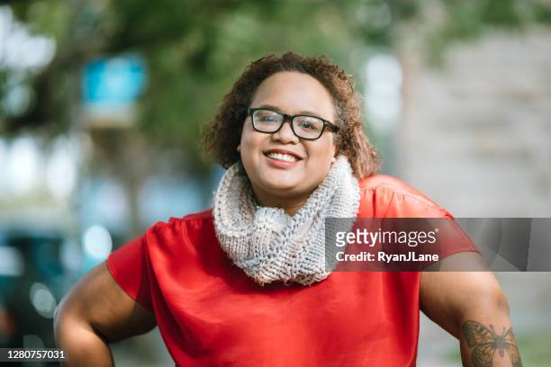 cheerful woman portrait in downtown seattle - fall in seattle stock pictures, royalty-free photos & images