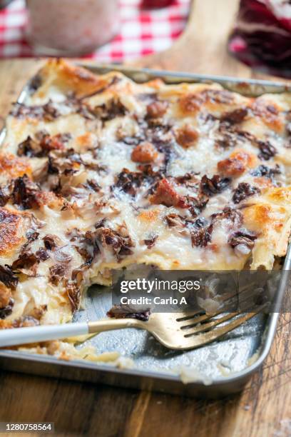 baked lasagna with radicchio cheese and sausage - radicchio stock-fotos und bilder