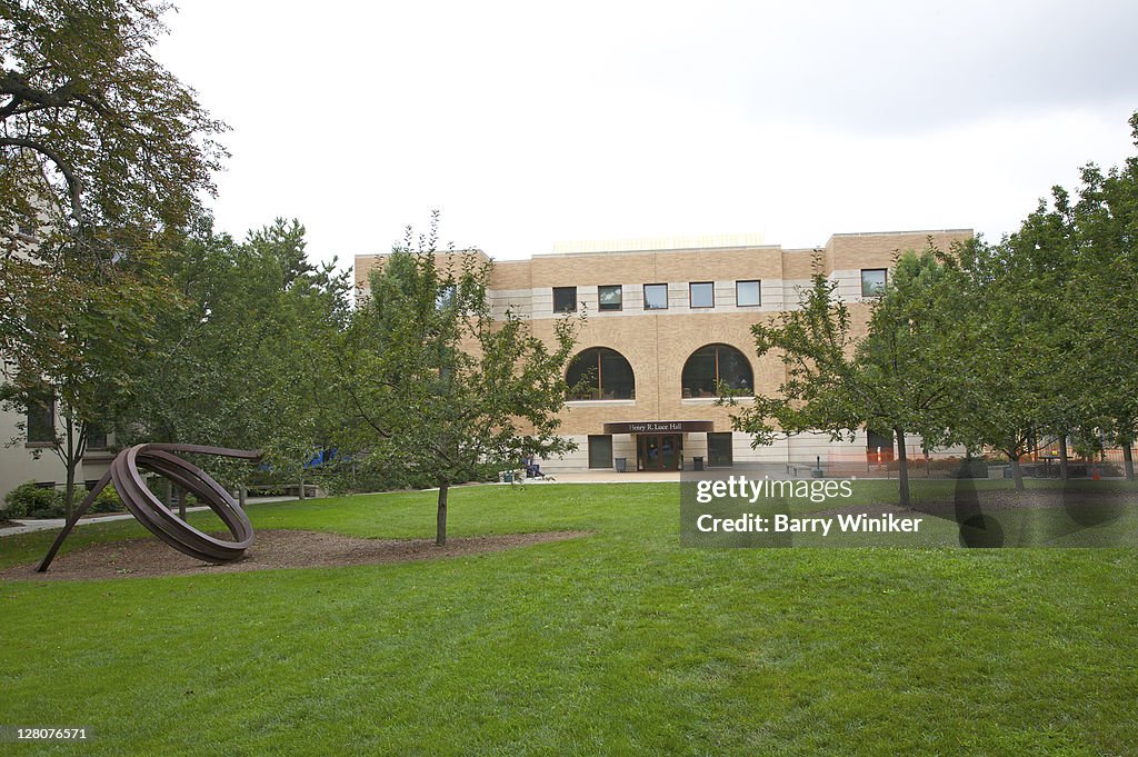 Henry R. Luce Hall on Yale University campus with Bernar Venet sculpture at left titled Indeterminate Line 1994, made of Rolled Steel, New Haven, Connecticut