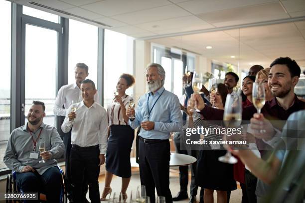 diverse group of businesspeople toasting with champagne - honour board stock pictures, royalty-free photos & images