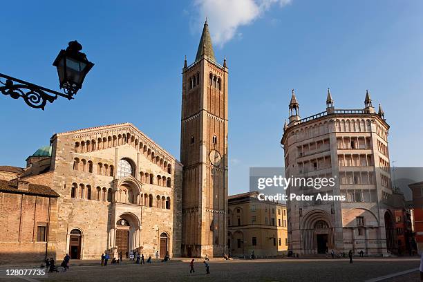 parma cathedral and baptistery on right, parma, emilia romagna, italy - parma italy stock pictures, royalty-free photos & images