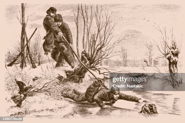 duck  hunter pulling dog out of water holding duck - pheasant hunting stock illustrations