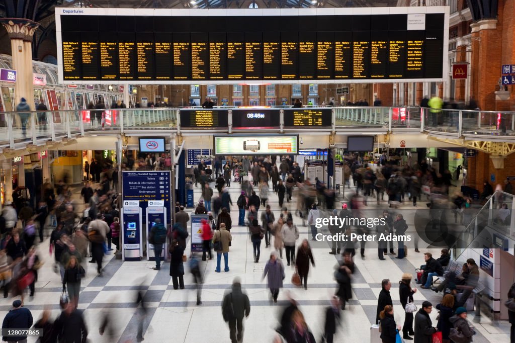 Liverpool Street Railway Station at morning rush hour, London, England, UK