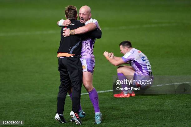 Jack Yeandle of Exeter Chiefs celebrates with Gareth Steenson at the final whistle after the Heineken Champions Cup Final match between Exeter Chiefs...