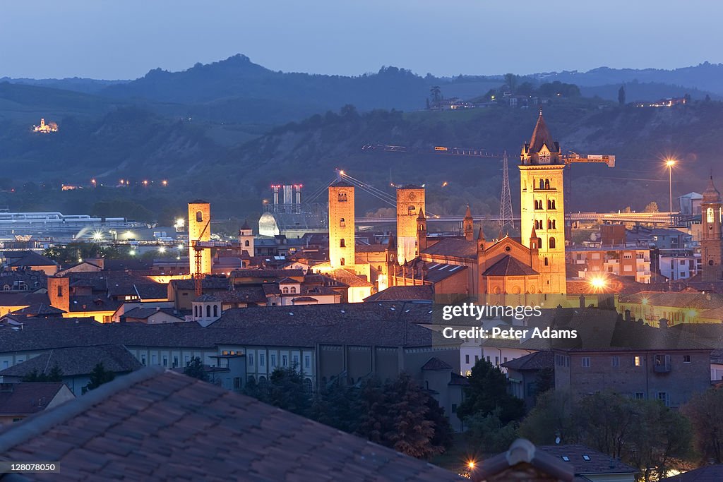 Alba skyline at dusk, Piedmont, Italy