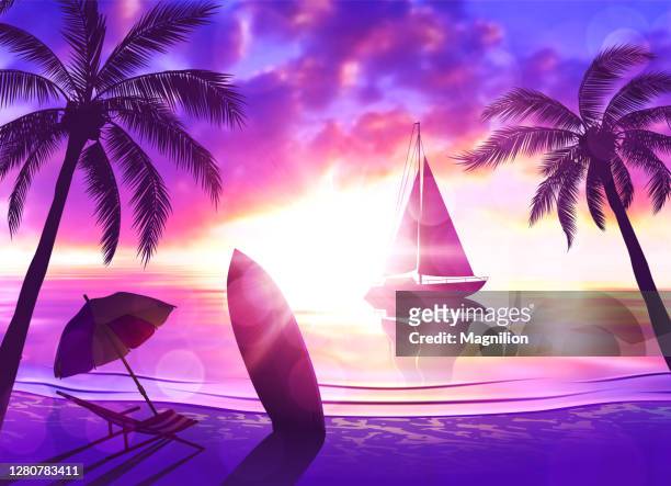 tropical beach at sunset with sailboat, palm trees, chaise longue, surfboard - chaise longue stock illustrations
