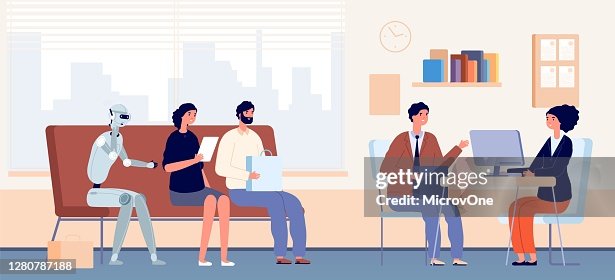 Job Interview Queue Job Interview Queue People And Robot Sitting In Waiting Line In Office ...