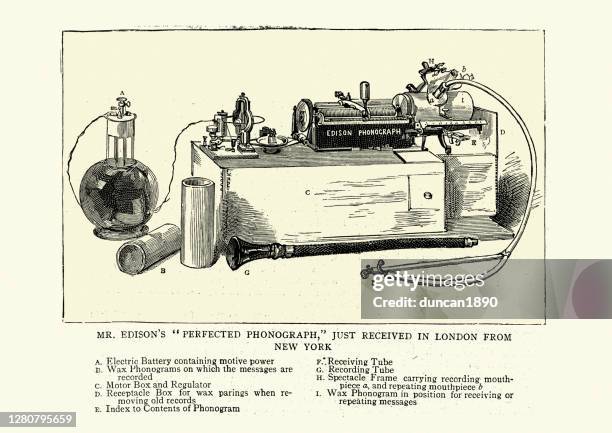thomas edison's phonograph, 1888, 19th century - thomas alva edison stock illustrations