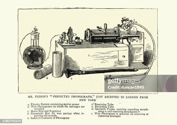 thomas edison's phonograph, 1888, 19th century - gramophone stock illustrations