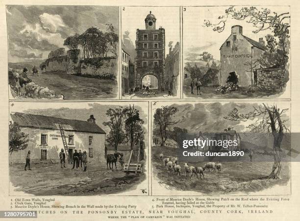 sketches on the ponsonby estate, youghal, county cork, ireland, 1880s - county cork stock illustrations