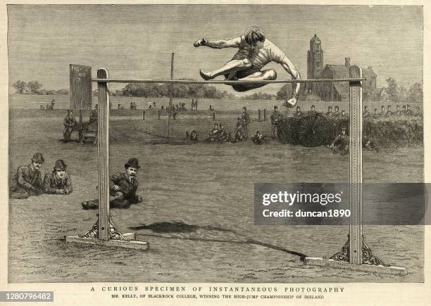 ilustraciones, imágenes clip art, dibujos animados e iconos de stock de salto de altura, deportes victorianos de atletismo, siglo xix - salto de altura