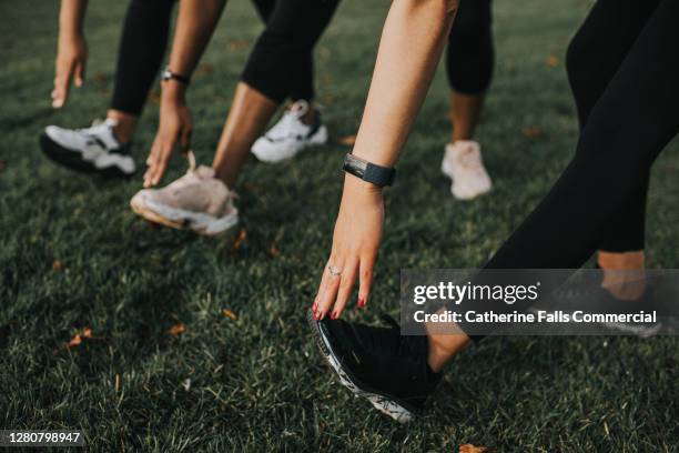 close-up of woman stretching their hamstrings - cropped trousers stock-fotos und bilder