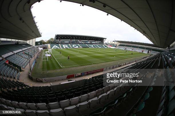 General view of Home Park prior to the Sky Bet League One match between Plymouth Argyle and Northampton Town at Home Park on October 17, 2020 in...