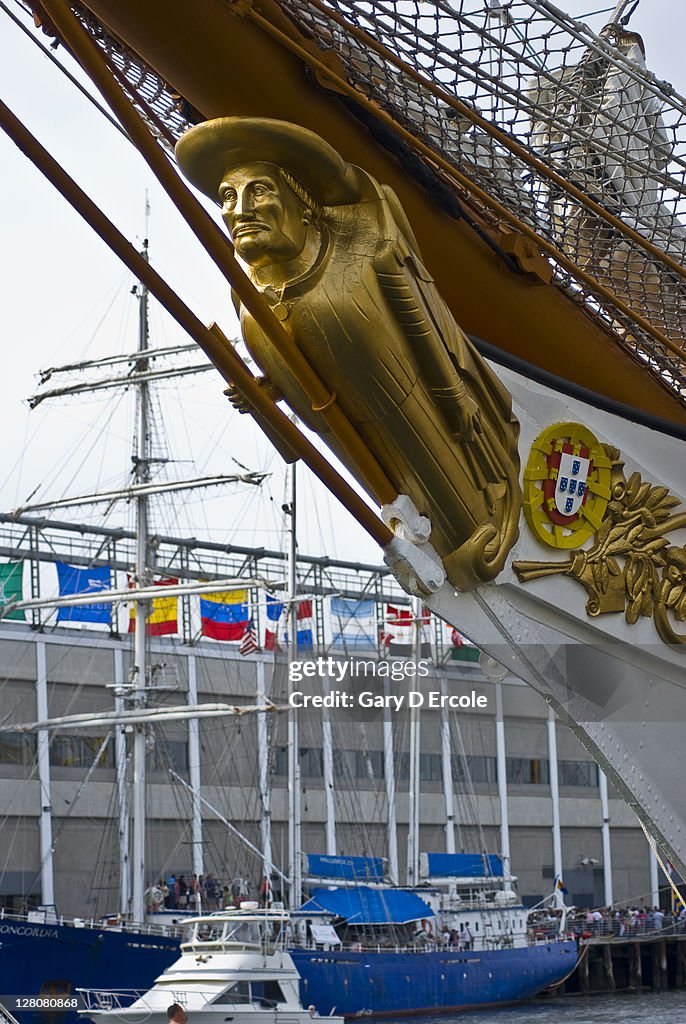 Figurehead on bow of tall ship docked in Boston, MA