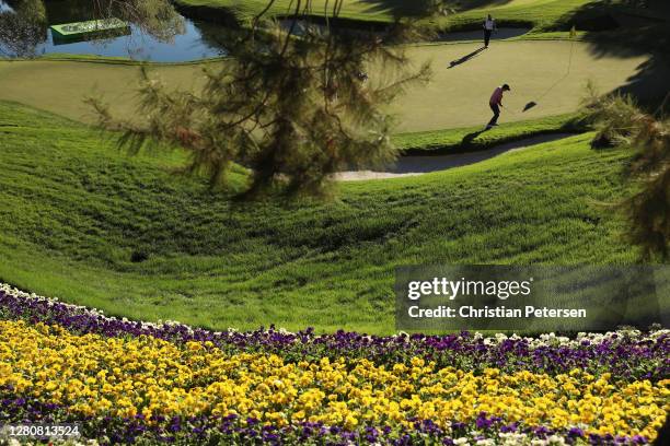 Kevin Streelman of the United States chips onto the 18th green during the third round of the CJ Cup @ Shadow Creek on October 17, 2020 in Las Vegas,...