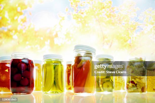 row of preserved, jarred vegetables - pickle jar stockfoto's en -beelden