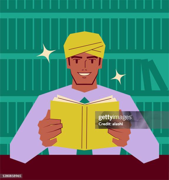 bildbanksillustrationer, clip art samt tecknat material och ikoner med stilig ung indisk etnicitet affärsman läser en bok i biblioteket; sluta aldrig lära; att investera i dig själv; kunskap är makt - indiandräkt