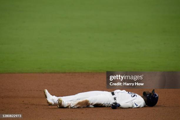 Randy Arozarena of the Tampa Bay Rays reacts after being called out at second base against the Houston Astros during the third inning in Game Seven...