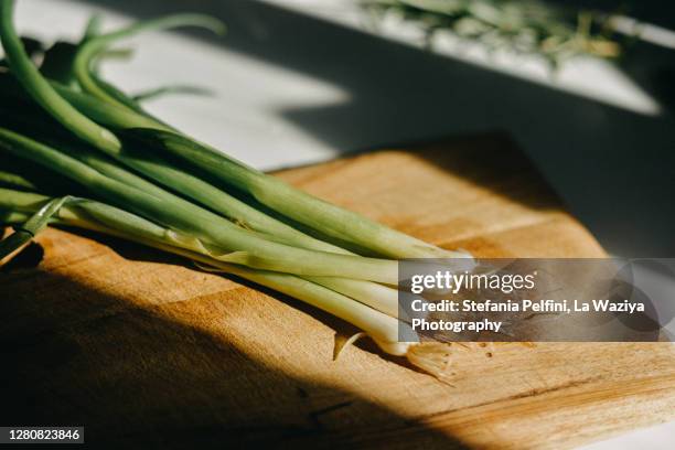 bunch of green onions on a wood cutting board - bosui stockfoto's en -beelden