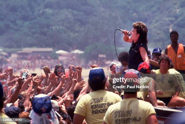 Irish Rock musician Bono , of the group U2, performs onstage during the US Festival, Ontario, California, May 30, 1983.