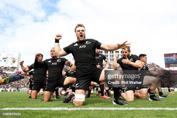 Sam Cane of the All Blacks and team mates perform the Haka during the Bledisloe Cup match between the New Zealand All Blacks and the Australian...
