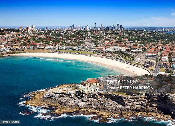 aerial of bondi beach, sydney, new south wales, australia - bondi beach stockfoto's en -beelden