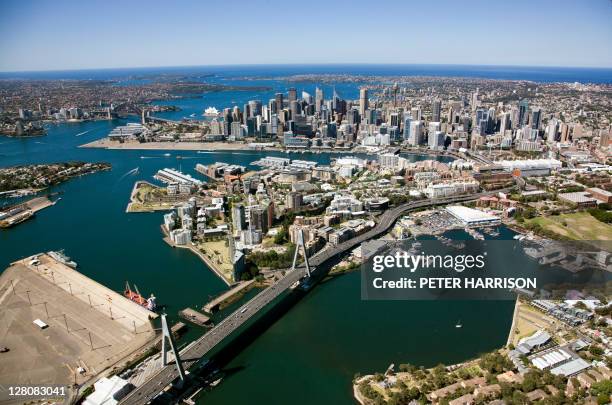 aerial of sydney from over anzac bridge, new south wales, australia - glebe island bridge stock pictures, royalty-free photos & images