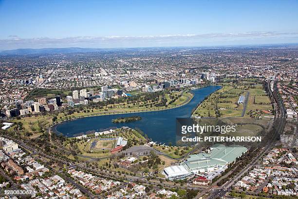 aerial view of albert park, melbourne, victoria. - grand prix motor racing stock pictures, royalty-free photos & images