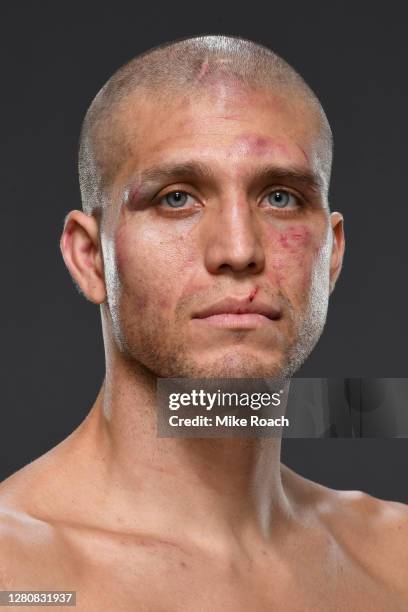 Brian Ortega poses for a portrait backstage during the UFC Fight Night event inside Flash Forum on UFC Fight Island on October 18, 2020 in Abu Dhabi,...