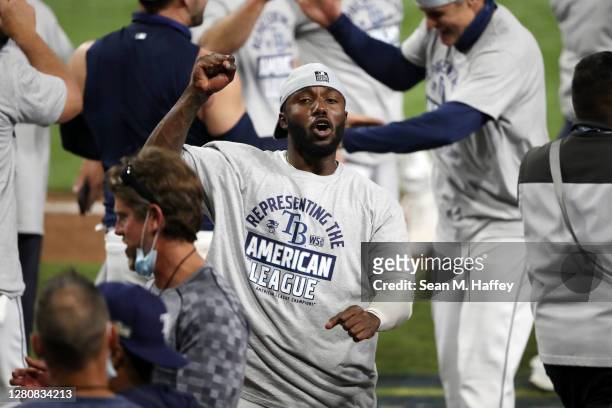 Randy Arozarena of the Tampa Bay Rays celebrates a series win against the Houston Astros in Game Seven of the American League Championship Series at...