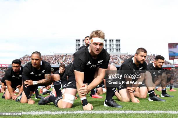 Sam Cane of the All Blacks and team mates perform the Haka during the Bledisloe Cup match between the New Zealand All Blacks and the Australian...