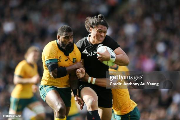 Caleb Clarke of the All Blacks on the charge against Marika Koroibete of the Wallabies during the Bledisloe Cup match between the New Zealand All...
