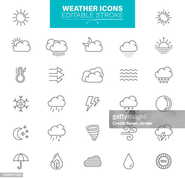 illustrazioni stock, clip art, cartoni animati e icone di tendenza di icone meteo tratto modificabile. sole, pioggia, tempesta di tuoni, vento, nube di neve, illustrazioni - nube