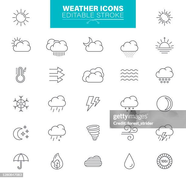 天気アイコン編集可能なストローク。太陽、雨、雷雨、風、雪雲、イラスト - 空を覆う雲点のイラスト素材／クリップアート素材／マンガ素材／アイコン素材