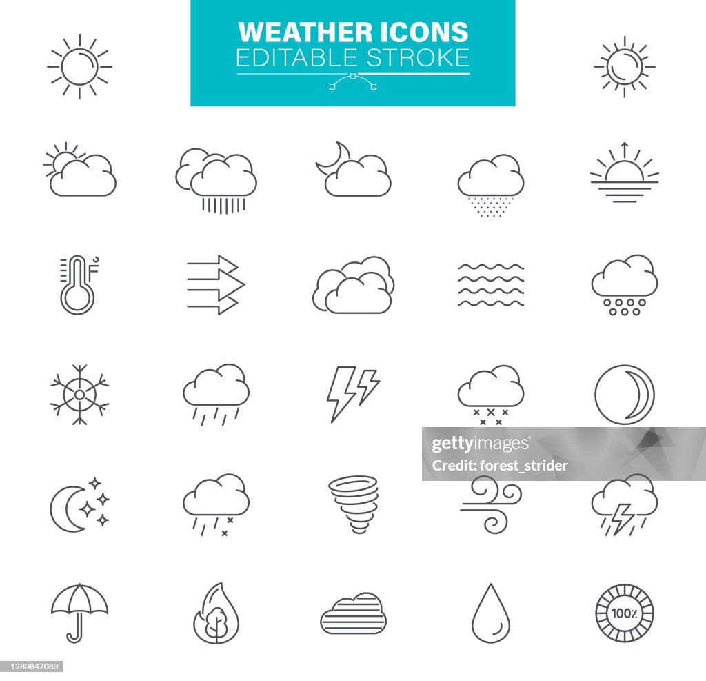 Weather Icons Editable Stroke. Sun, rain, thunder storm, wind, snow cloud, illustrations
