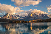 Pehoe Lake Reflection and Cuernos Peaks in the Morning, Torres del Paine National Park, Chile