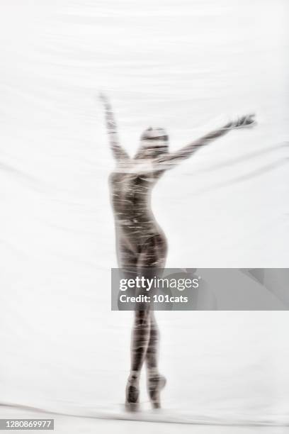 graceful ballerina dancing with transparent nylon - nylon imagens e fotografias de stock