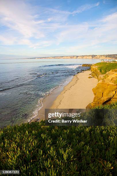 pacific ocean, black's beach and rocky cliff, la jolla, san diego, california - san diego pacific beach stock-fotos und bilder