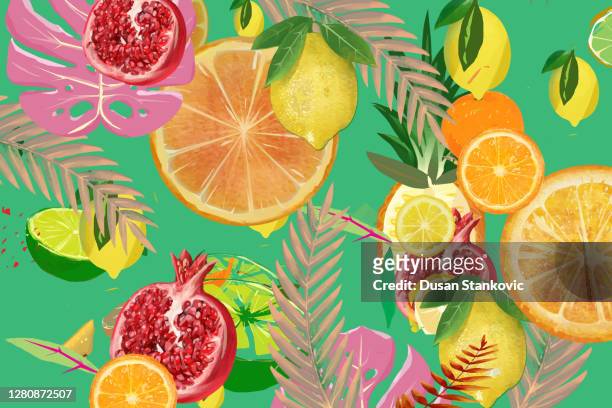 ilustraciones, imágenes clip art, dibujos animados e iconos de stock de antecedentes exóticos - fruta tropical