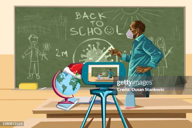 conference e-learning with teacher and classmates on computer in living room at home - explaining technology stock illustrations