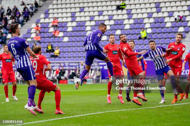 Malcolm Cacutalua of Aue scores his team's first goal during the Second Bundesliga match between FC Erzgebirge Aue and 1. FC Heidenheim 1846 at...