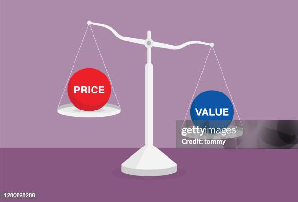 value over price on the balance scale - goods and service tax stock illustrations