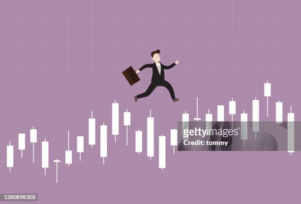 bildbanksillustrationer, clip art samt tecknat material och ikoner med businessman run over a stock market graph - börsintroduktion
