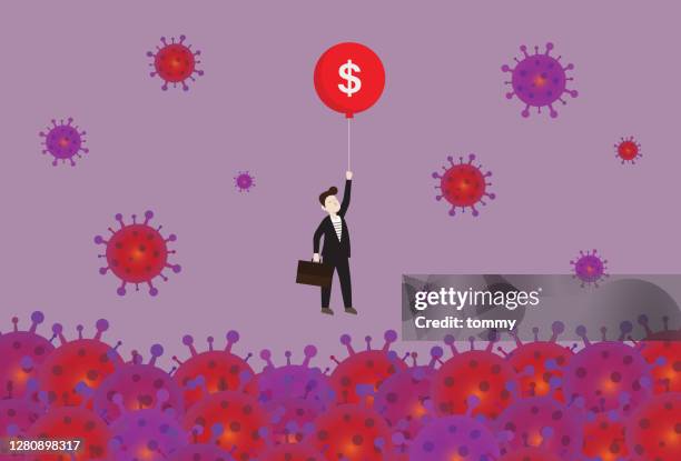 businessman uses a us dollar currency symbol balloon escape from a virus - cashflow stock illustrations