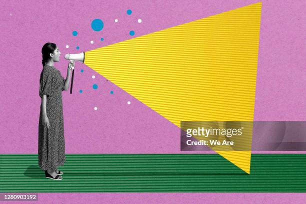 woman talking with megaphone - voice stock pictures, royalty-free photos & images