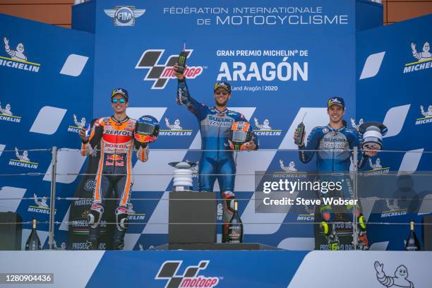 MotoGP riders Alex Rins of Spain and Team SUZUKI ECSTAR , Alex Marquez of Spain and Repsol Honda Team and Joan Mir of Spain and Team SUZUKI ECSTAR...