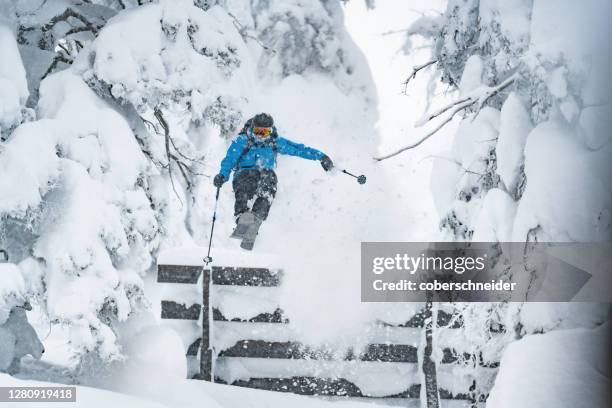 freeride skier mid air jumping over avalanche barriers, werfenweng, st johann im pongau, salzburg, austria - avalanche bildbanksfoton och bilder